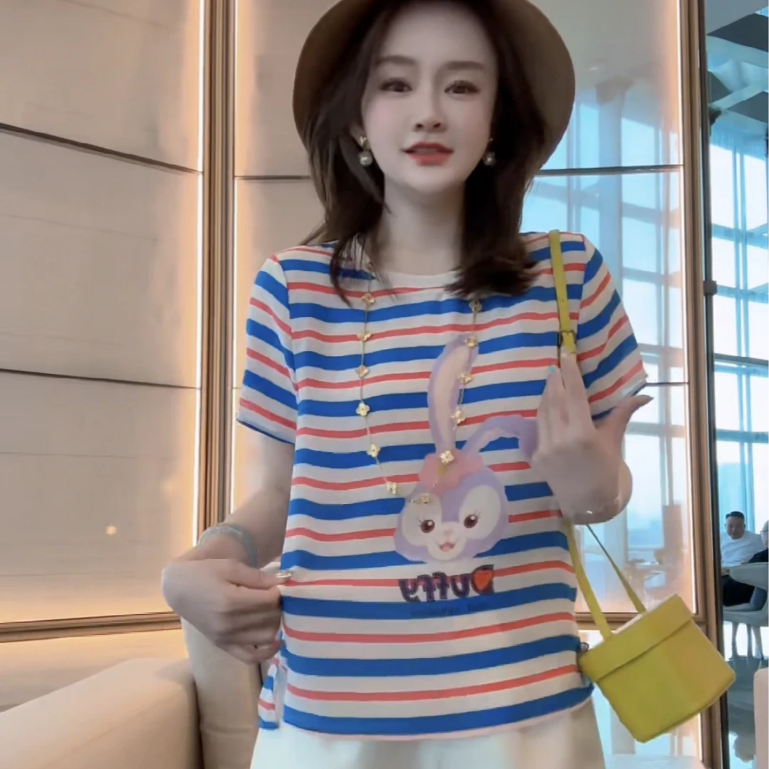 【丝芙玉禄】（F148）100%真丝双绉彩虹兔子图案夏季桑蚕丝t恤上衣