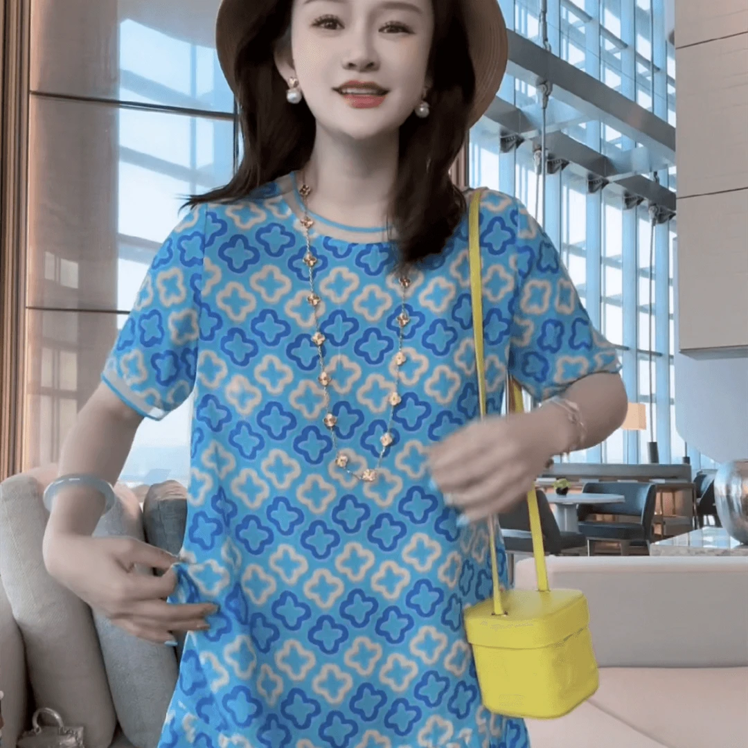 【深圳南油】（E844）100%真丝双绉蓝色四叶草连衣裙桑蚕丝女装连衣裙