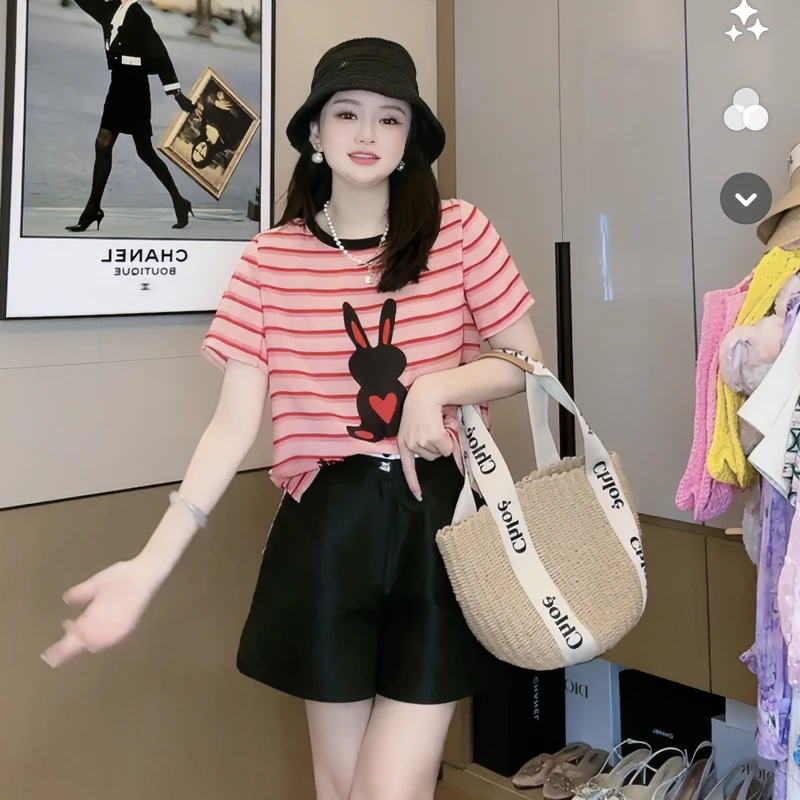 【深圳南油】（D213）+小版 新款高端减龄条纹兔子印花桑蚕丝衬衫