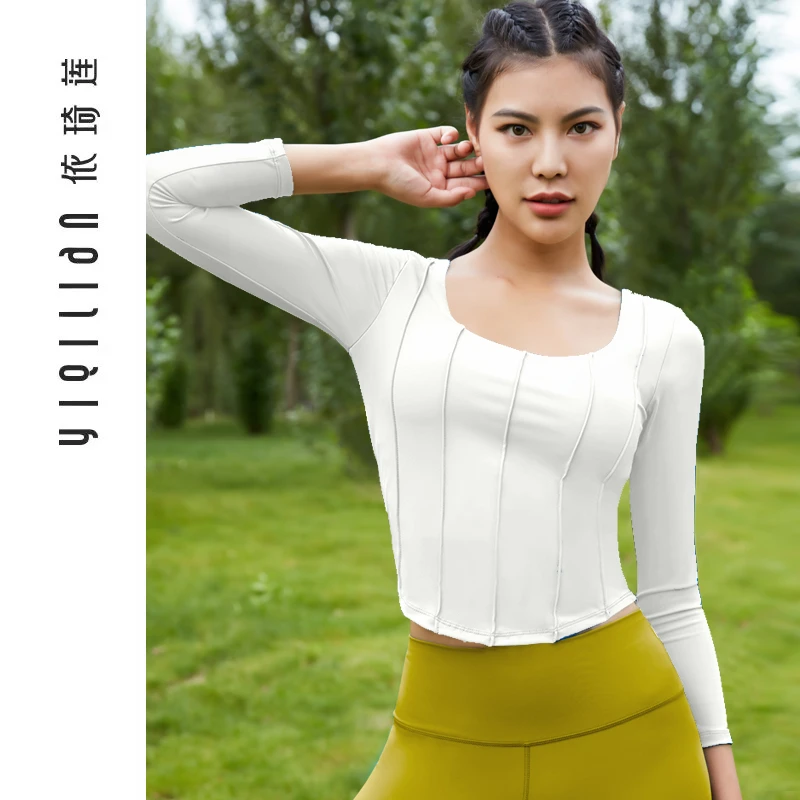 依琦莲瑜伽服T恤简约圆领短款长袖性感竖条健身服跑步服22519