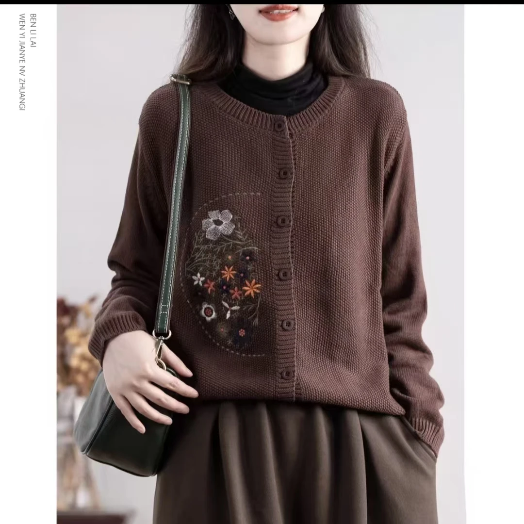 2024春秋款开衫宽松圆领绣花单排扣复古简约百搭显瘦棉线针织开衫