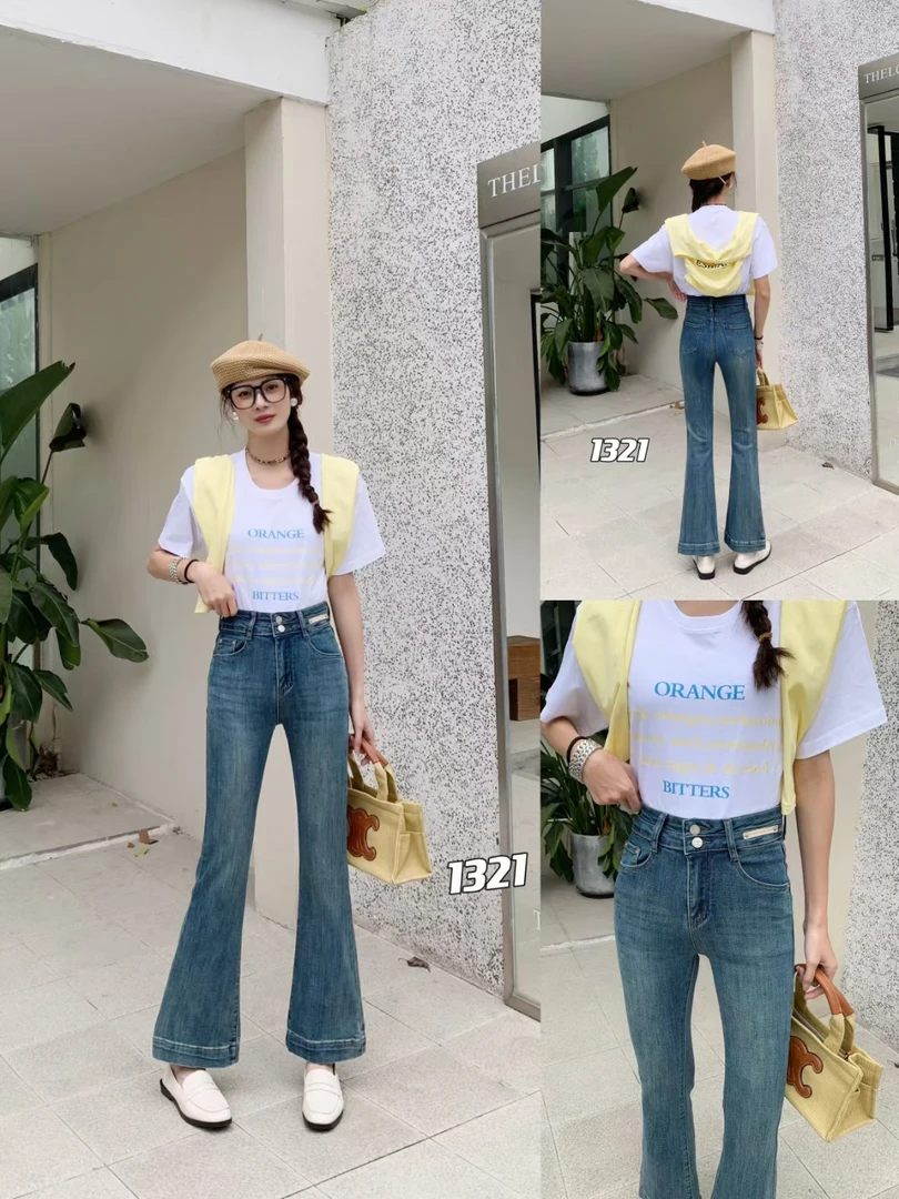 2024春款九分小个子高腰显瘦牛仔裤女浅色弹力休闲微喇裤