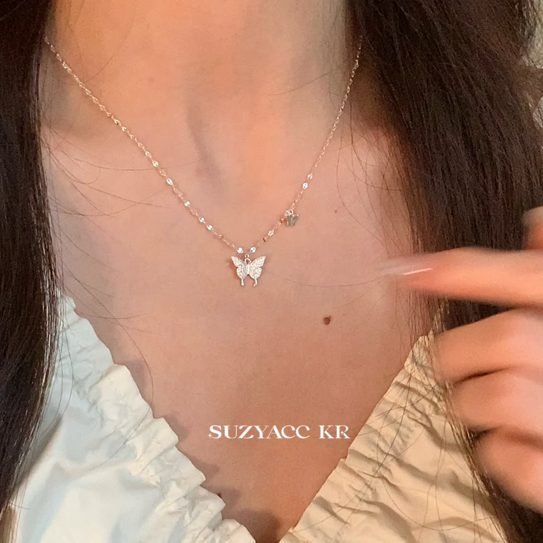 Suzyacc Kr 坠链均925银合成锆石 蝴蝶银项链亮银色简约风DX0114