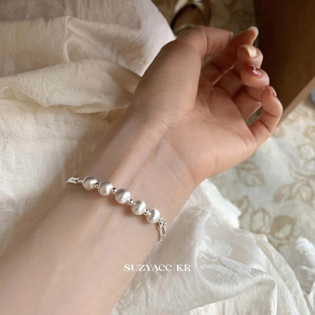 Suzyacc Kr 925银手链 时尚设计拉丝银球纯银手链双层时髦C2183