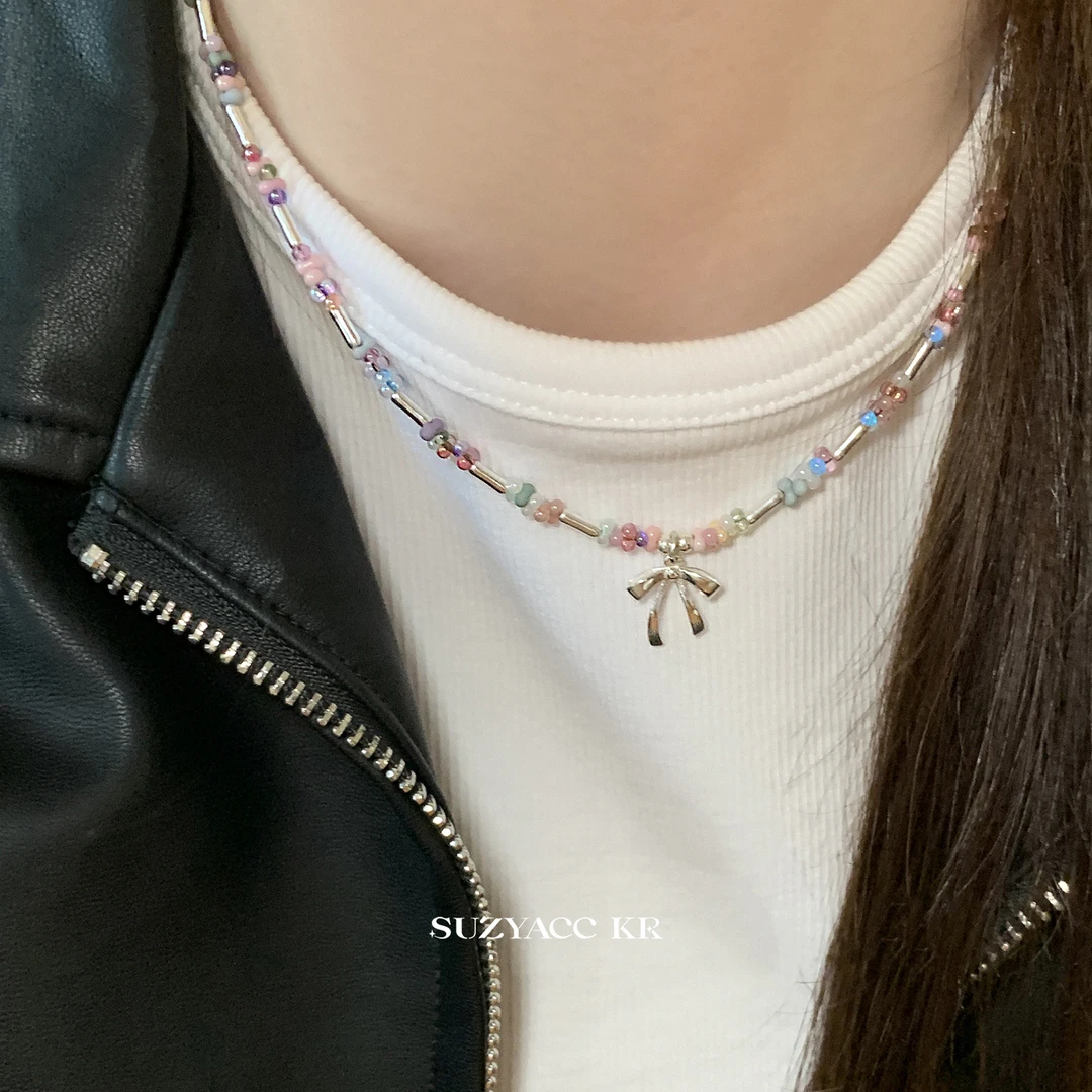 Suzyacc Kr 坠链均925银亚克力 粉色串珠纯银蝴蝶结项链少女X0967