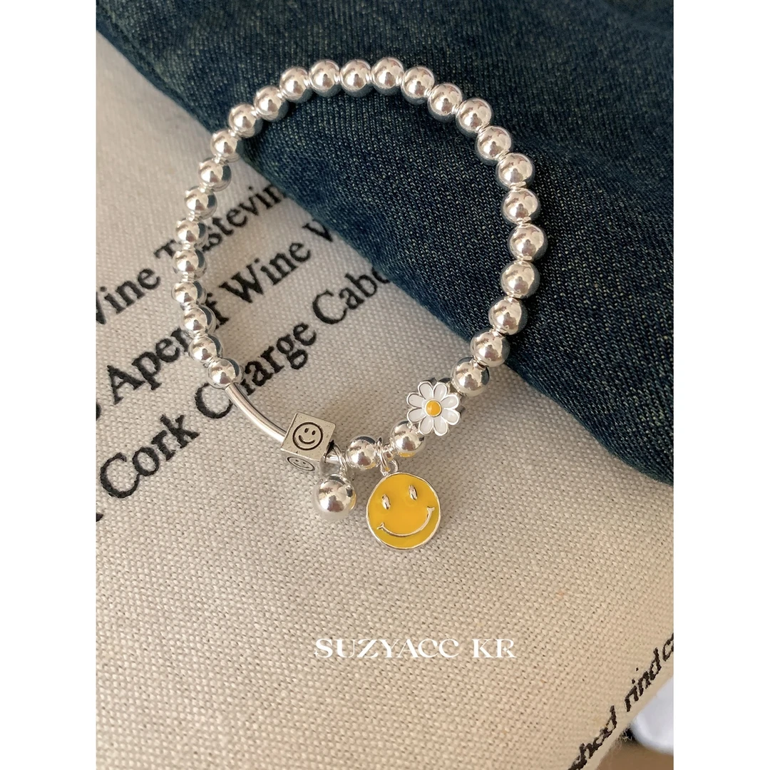 Suzyacc Kr 925银手链 可爱百搭少女小雏菊笑脸纯银串珠手链C2151