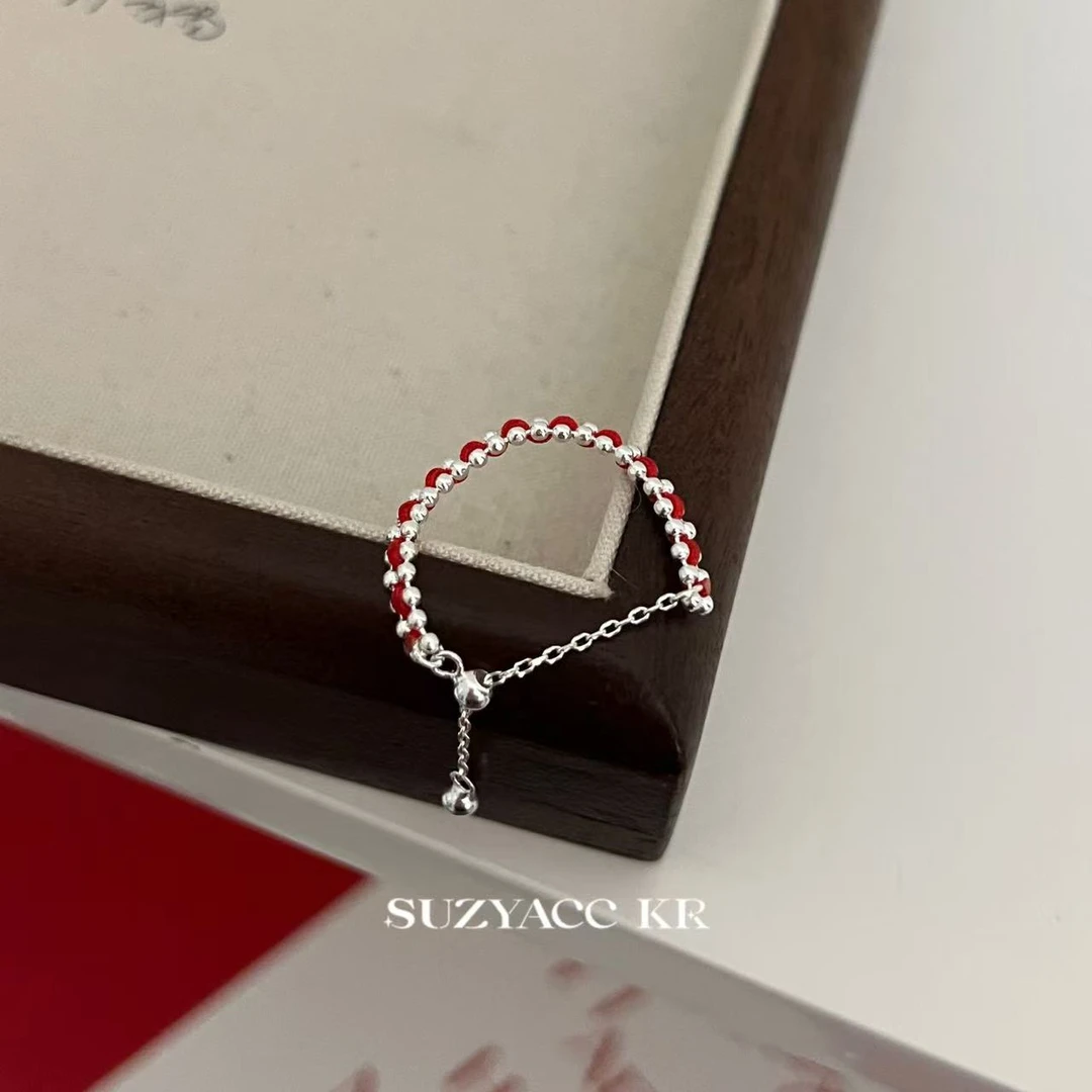 Suzyacc Kr 925银布艺戒指 本命年纯银红绳抽拉戒指气质J0806