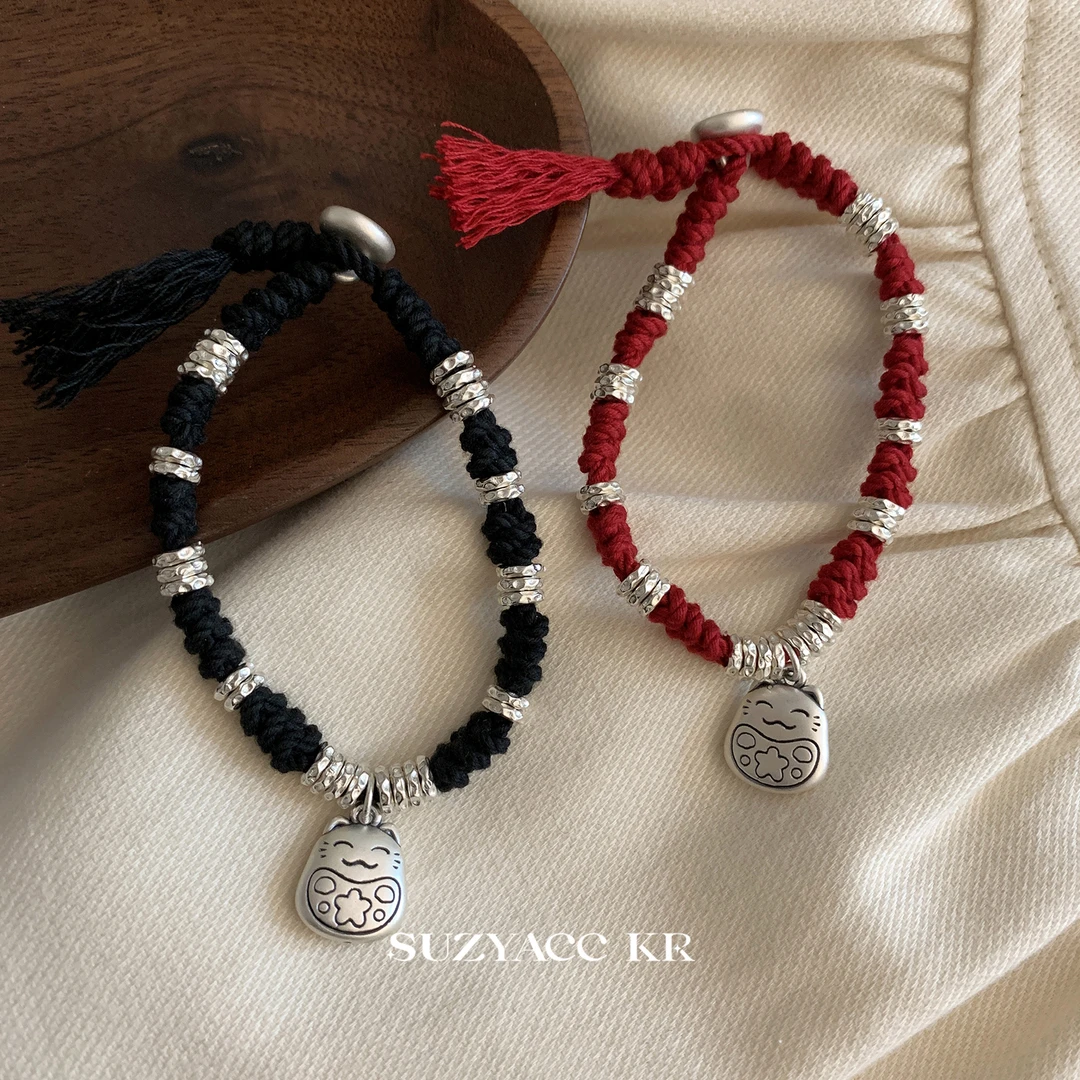 Suzyacc Kr 足银布艺手链 纯银盘缠手串招招猫编织手链闺蜜C2205