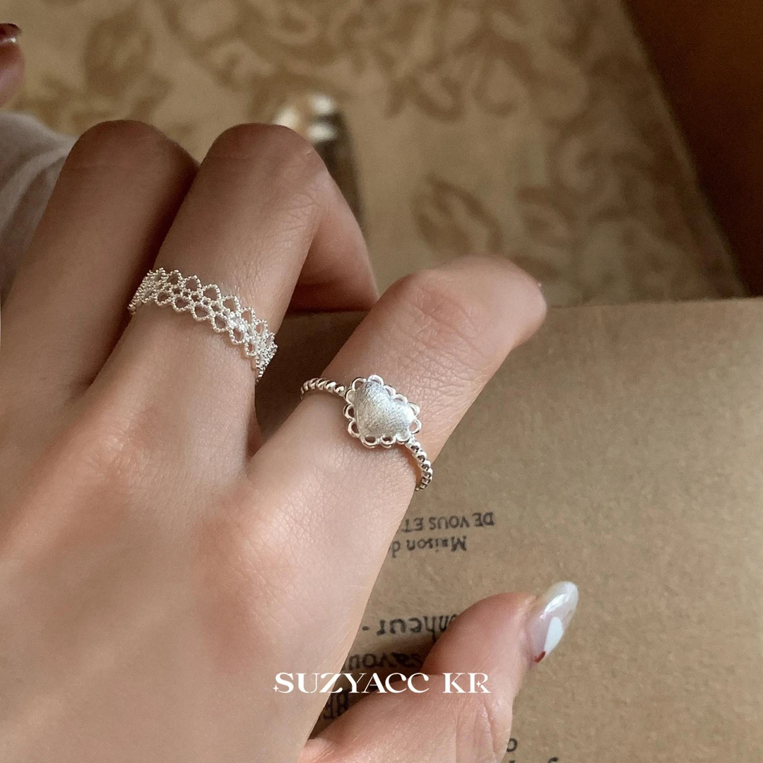 Suzyacc Kr 925银戒指 【蕾丝爱心】芭蕾风甜美镂空爱心戒指DJ0081