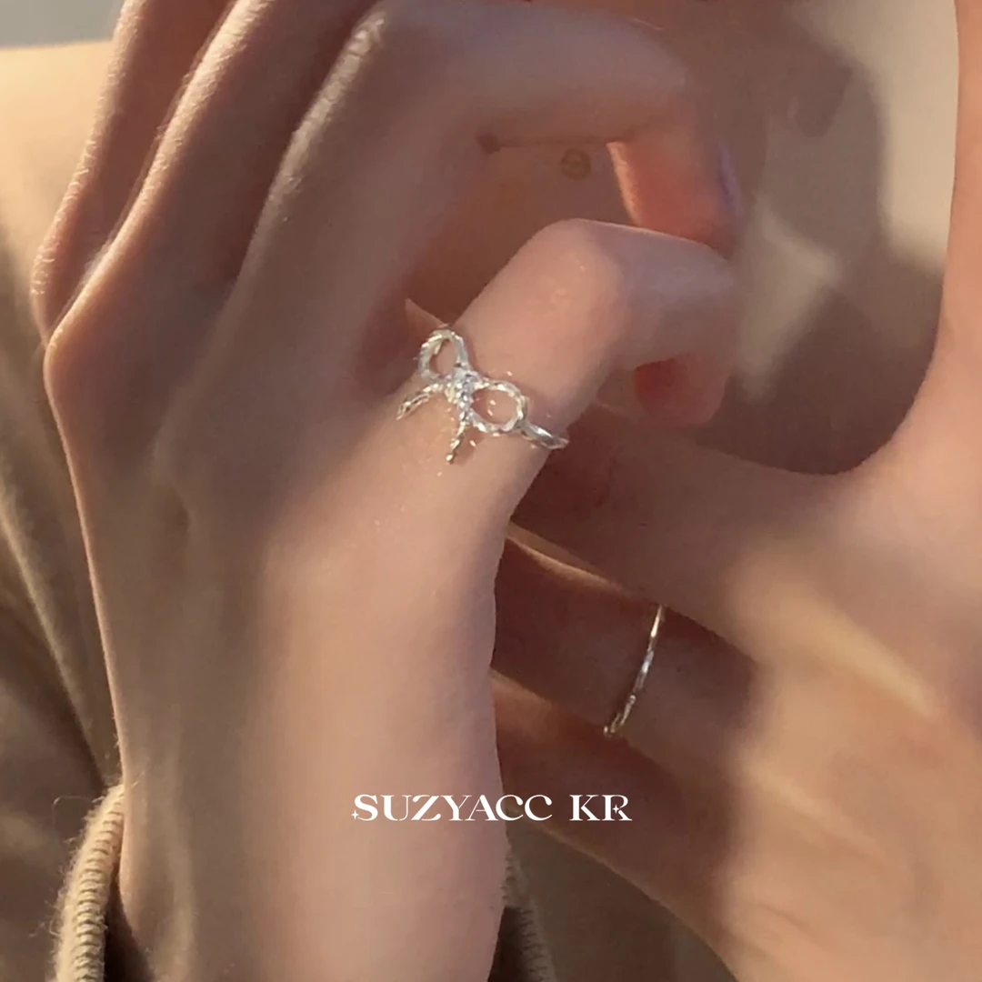 Suzyacc Kr 925银戒指 可爱少女蝴蝶结戒指尾戒可调节百搭DJ0071