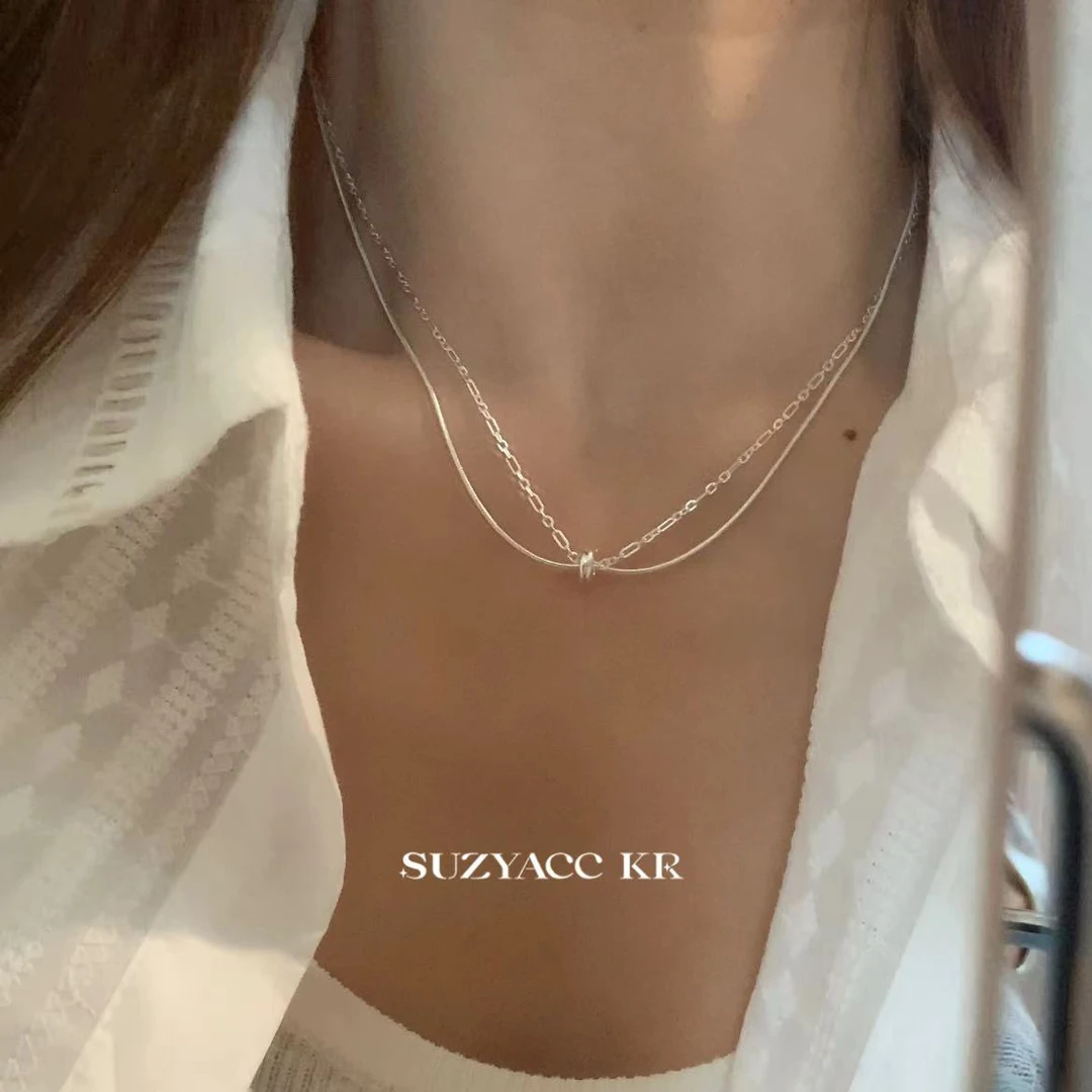 新年礼物 坠链均925银 双层纯银圆环项链气质锁骨链高级DX0156