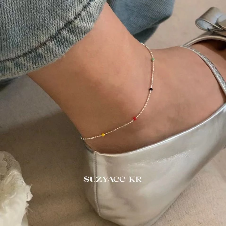 Suzyacc Kr 925银脚链 百搭彩色ins夏季简约韩版设计感脚链C2052B