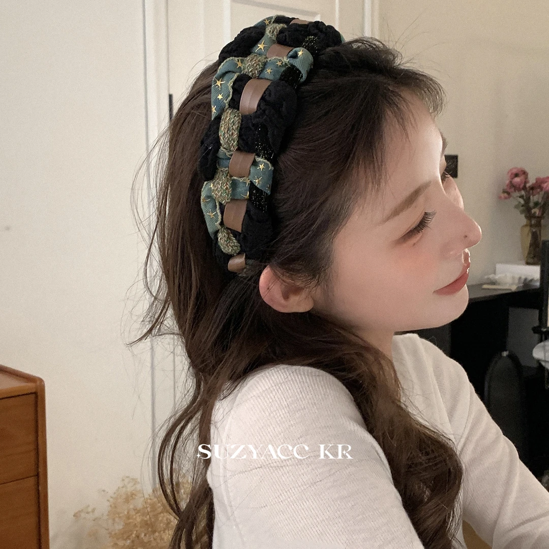 Suzyacc Kr高颅顶牛仔星星麻花发箍气质网红百搭法式简约F3259