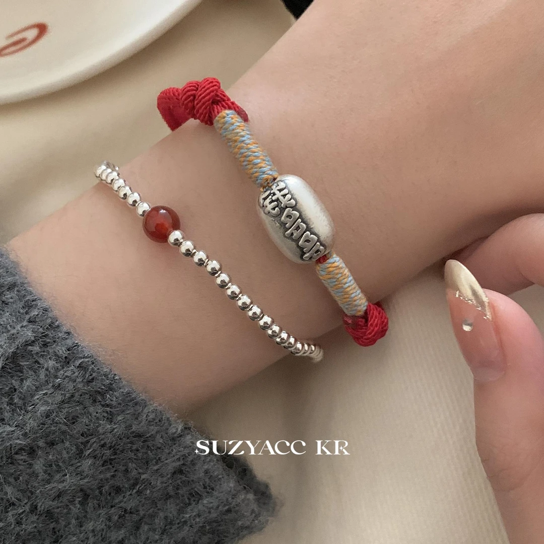 Suzyacc Kr 925银手链 少女百搭钱多多红绳手链手串简约闺蜜C2138