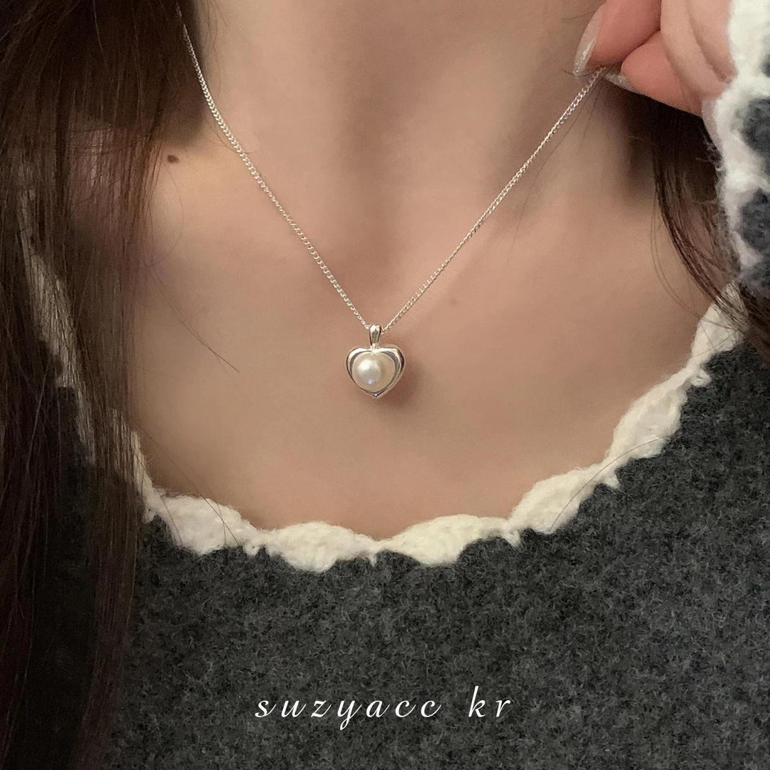 Suzyacc Kr 坠链均925银 纯银百搭爱心珠珠项链气质美人DX0053