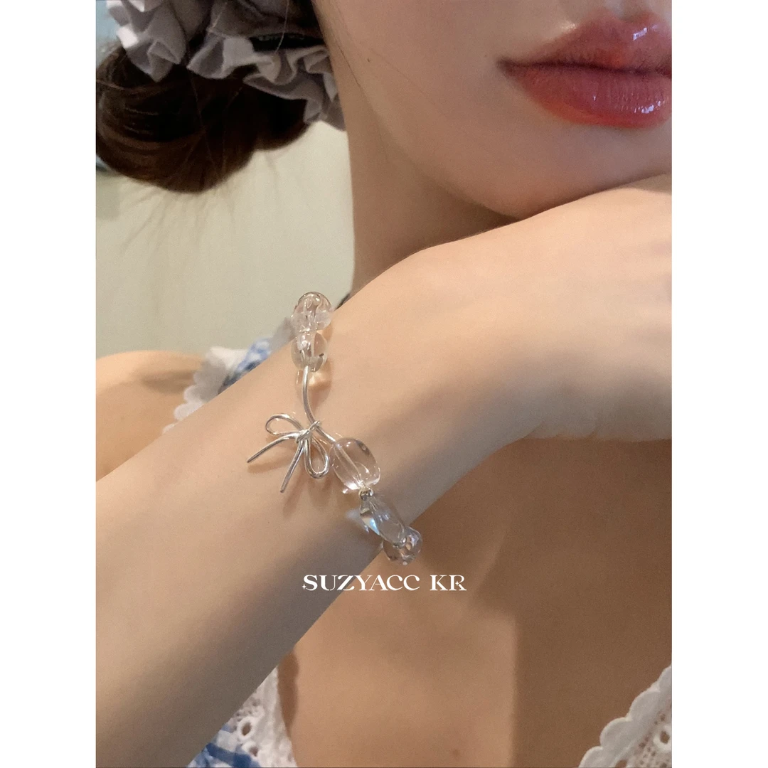 Suzyacc Kr 925银手链 【白水蝴蝶结】弹力手链气质夏季C2179