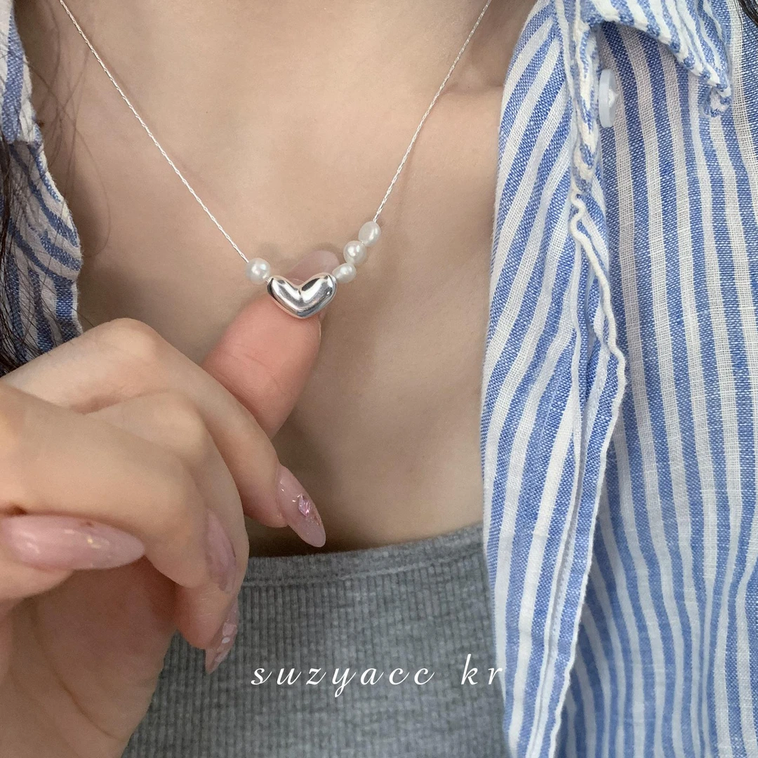 Suzyacc Kr淡水珍珠925银项链爱心锁骨链心之所向X0795