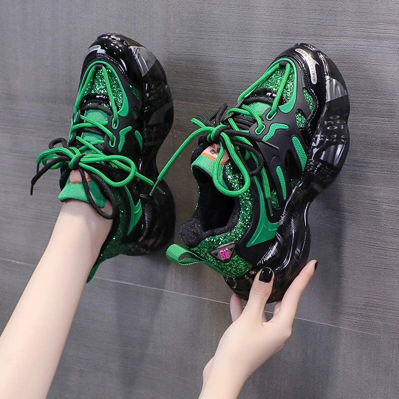 【爆款推荐】网红时尚亮片老爹鞋女秋季透气百搭厚底跑步休闲运动鞋