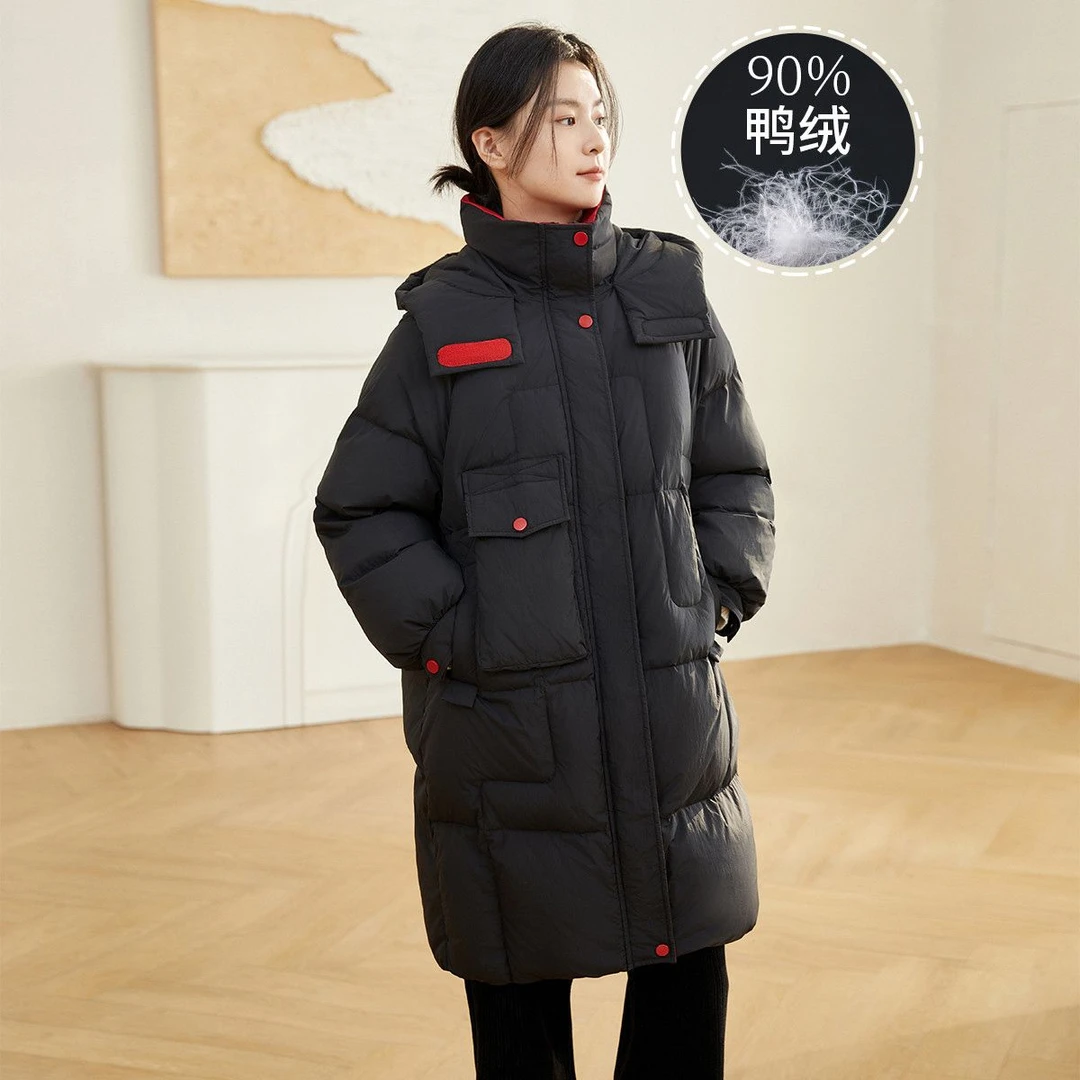 C1844YR0831茵曼冬季保暖中长款连帽90鸭绒羽绒服女宽松显瘦外套