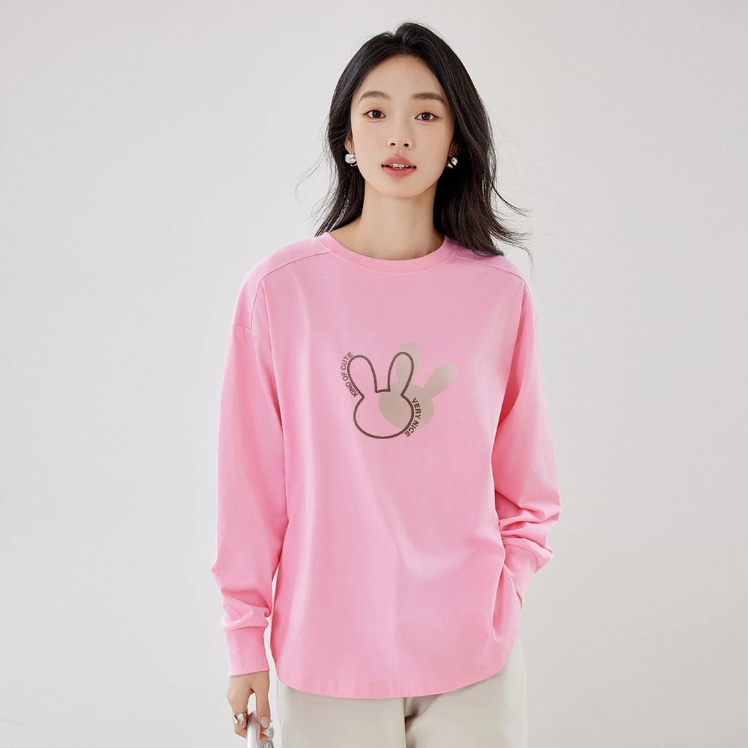 茵曼2024年简约百搭休闲舒适长袖T恤女纯棉宽松休闲打底圆领上衣