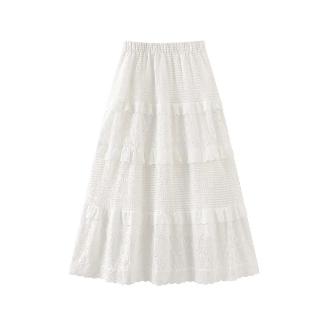 法式温柔风高腰显瘦蕾丝花边半身裙24年夏季设计感勾花蛋糕裙女