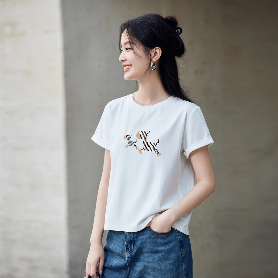 茵曼日常百搭休闲短款T恤短袖女24年夏季翻边袖上衣