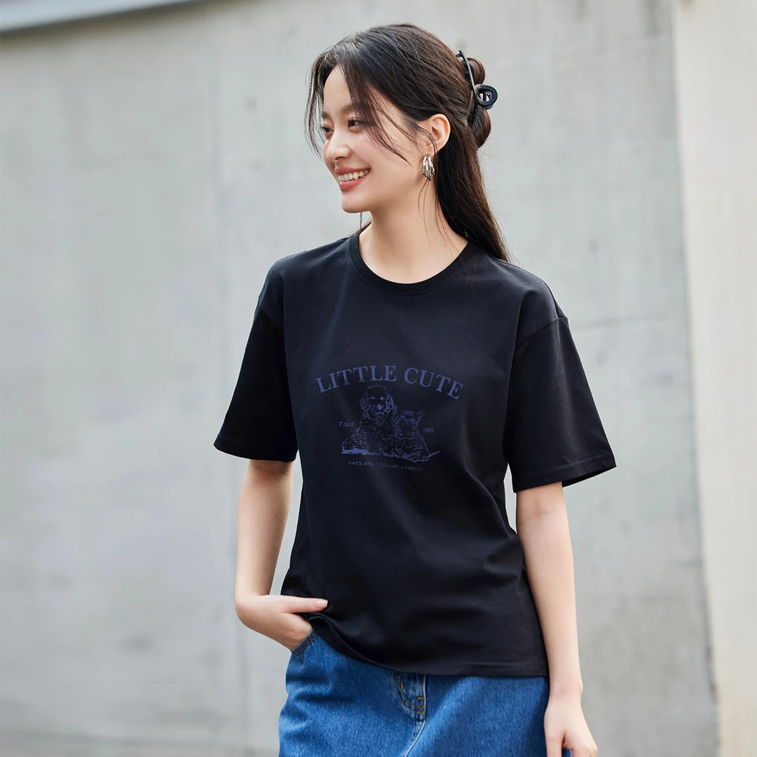 茵曼宽松版短袖女24年夏季舒适透气趣味印花慵懒风圆领上衣女