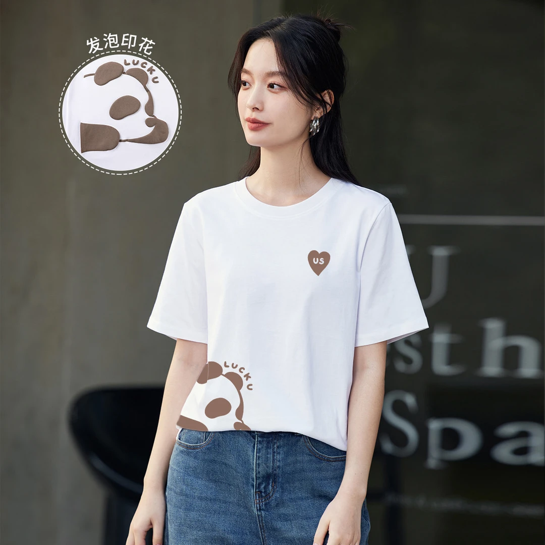 【T恤】茵曼24夏季重工印花宽松版短袖女运动休闲时尚百搭套头上衣