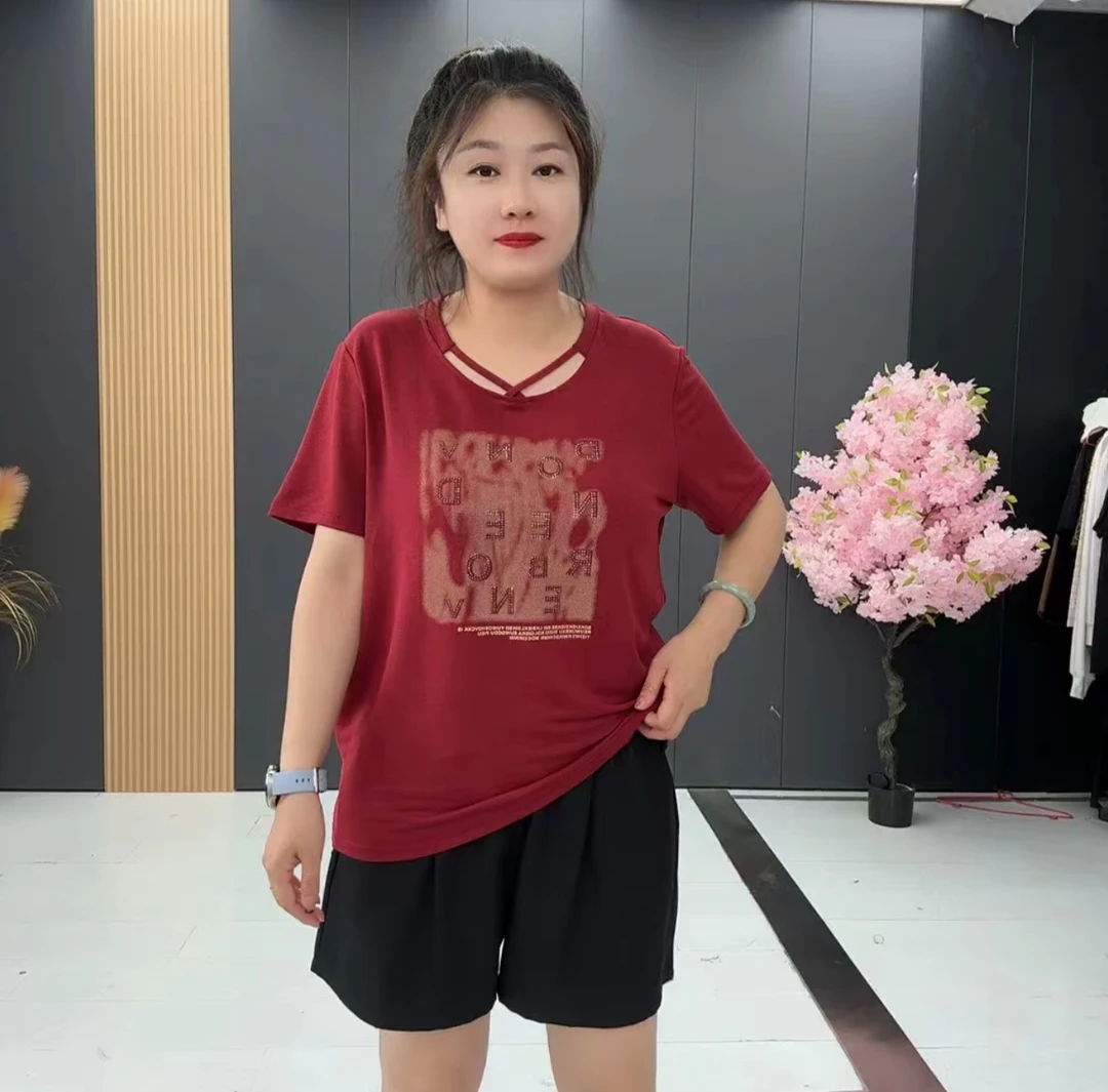 2752夏季大码显瘦字母交叉带时尚显瘦宽松短袖