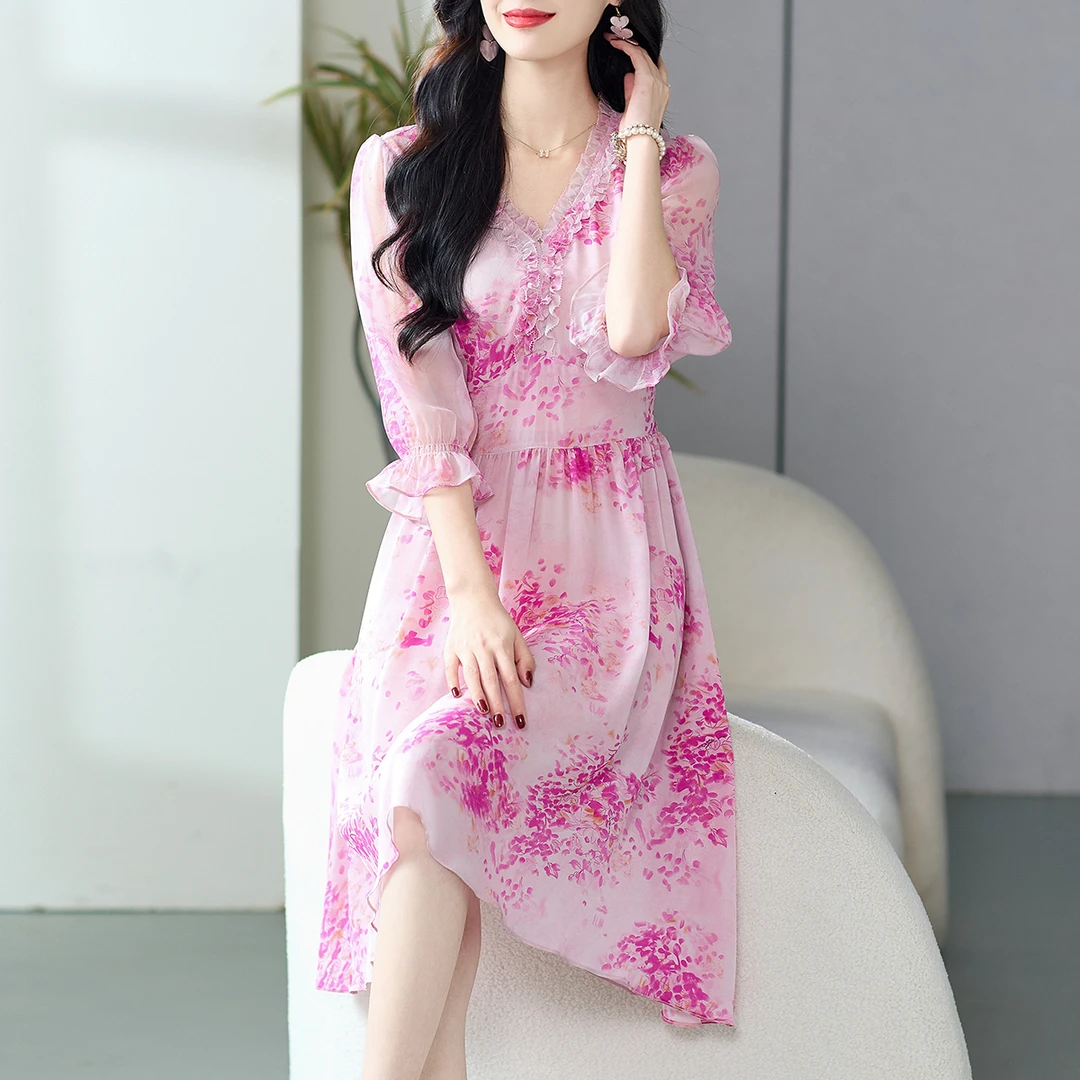 465 别致绝美高端碎花真丝桑蚕丝连衣裙奢华大牌新款海边度假显瘦