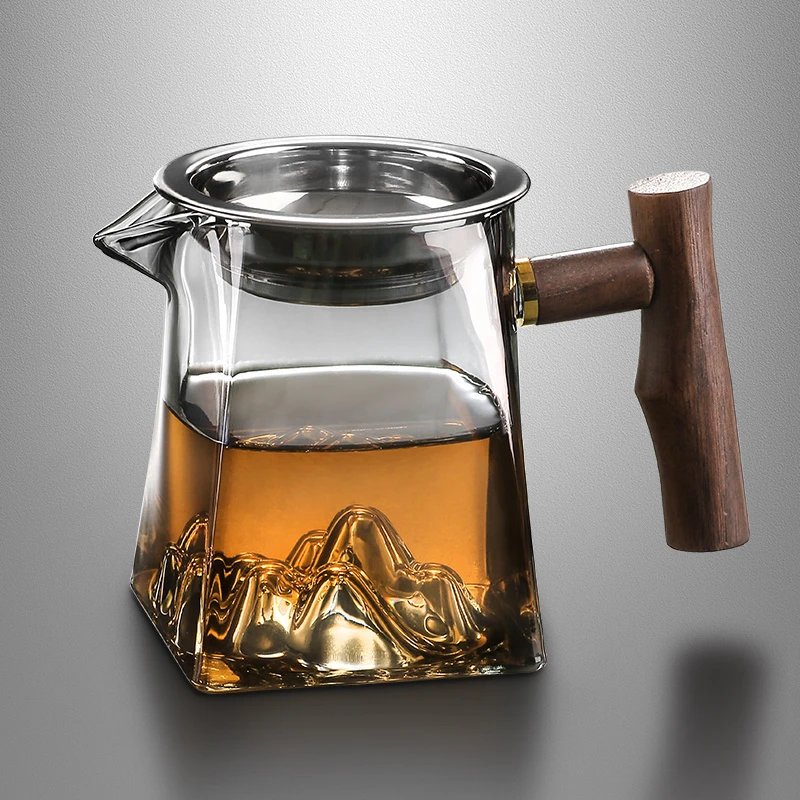 玻璃公道杯透黑木把加厚耐热茶具分茶器茶漏一体大号观山高档茶海