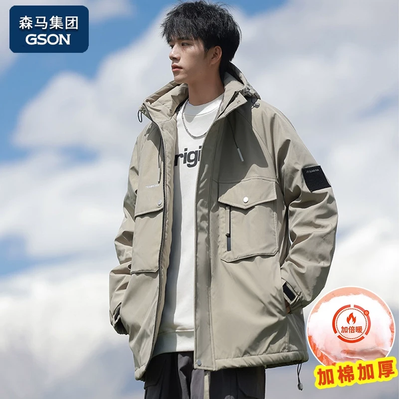 集团品牌潮牌宽松休闲大码棉衣男生秋冬季加绒保暖工装棉服棉袄子