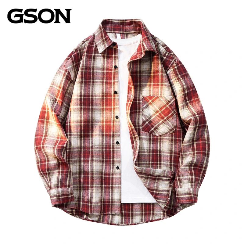 NASA格子长袖衬衫男秋冬装潮流休闲复古薄款外套男生港风宽松衬衣