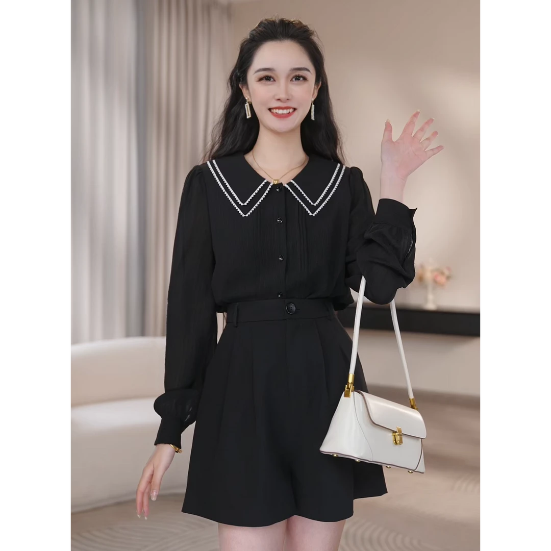 曼贝黑色长袖衬衫女小众设计感轻熟宽松气质减龄新款衬衣8493163