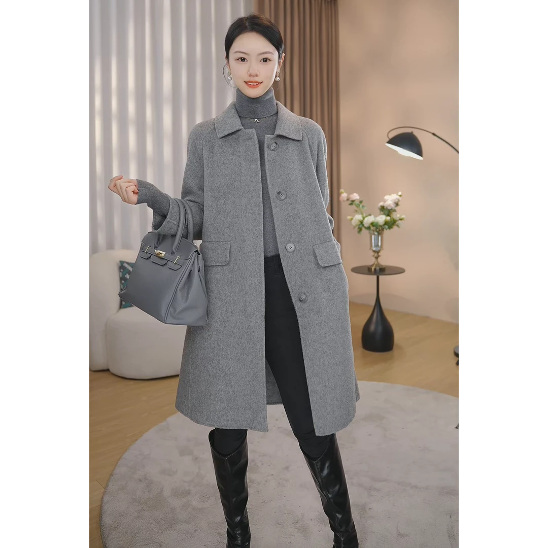 【曼贝】纯澳毛100%双面毛呢大衣女冬高端时尚轻奢外套8384007 喵喵