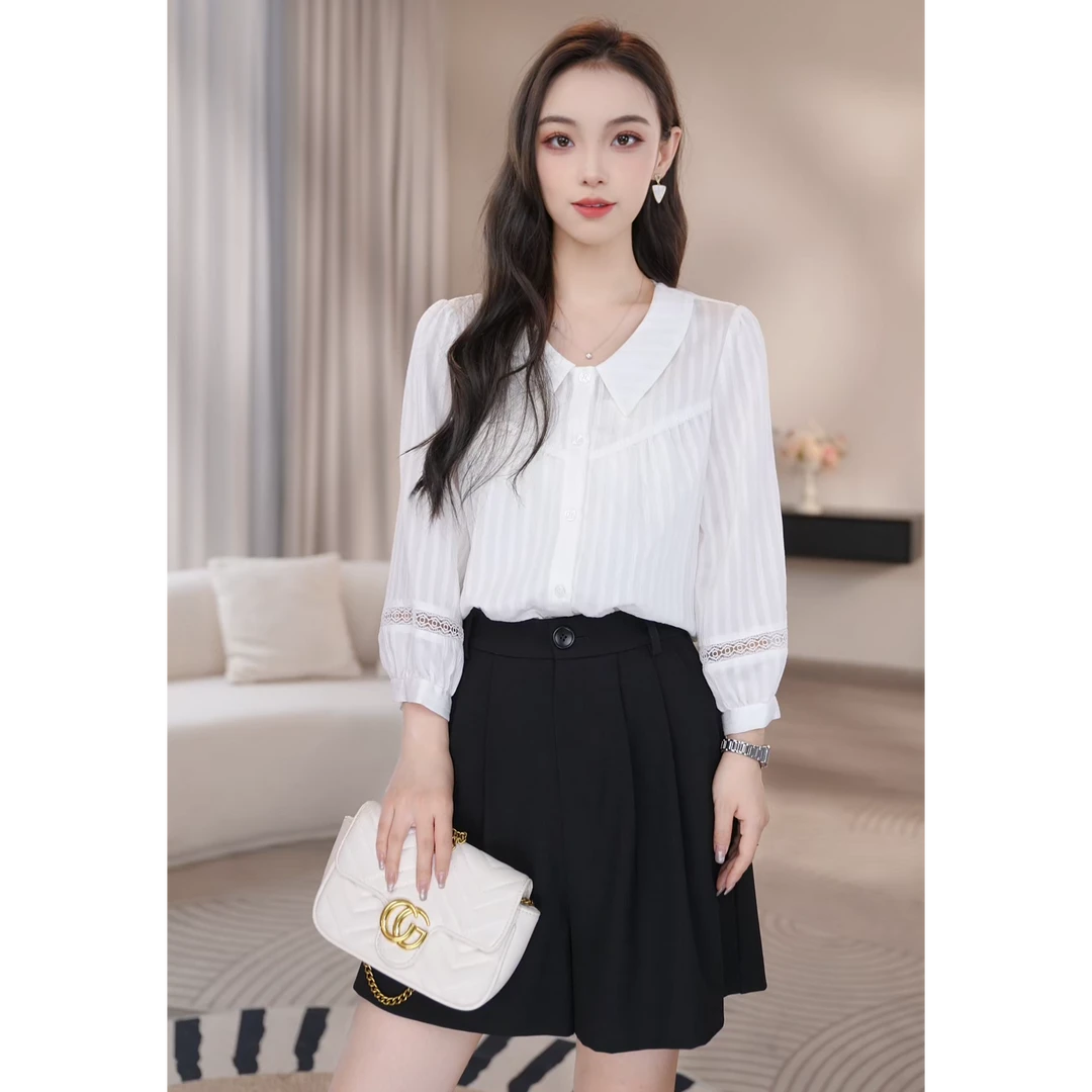 曼贝白色七分袖衬衫女设计感时尚小众高级感气质洋气镂空钩花上衣