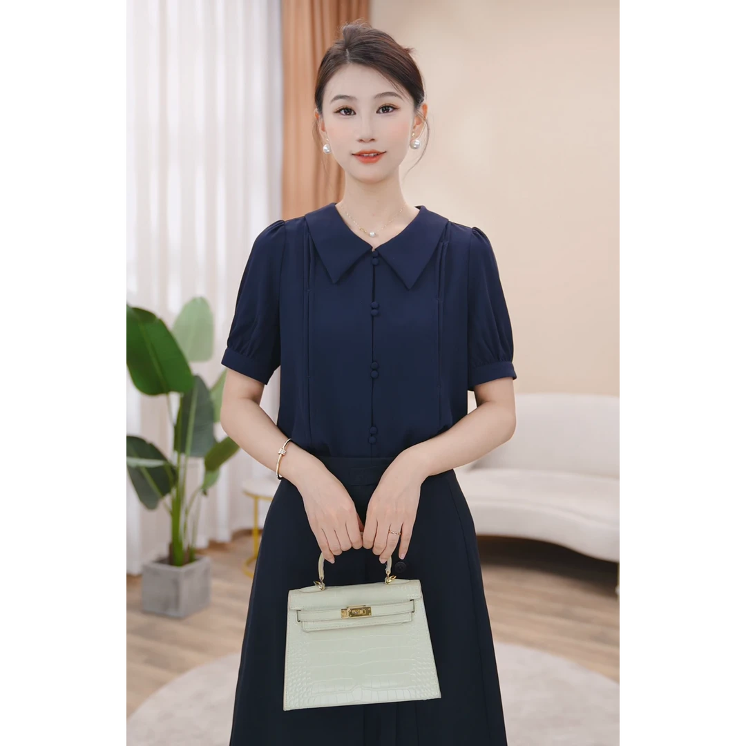 曼贝8492229藏青色夏季新款衬衫通勤风设计感小众简约版型高级感