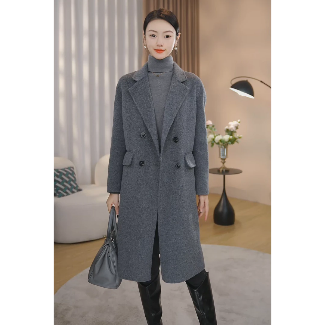 曼贝高档双排扣双面绵羊毛大衣中长款极简轻奢毛呢外套8284017A