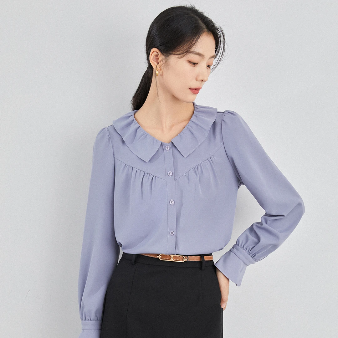 曼贝新款长袖气质衬衫时尚女士纯色秋季设计感衬衣8493249佳莹