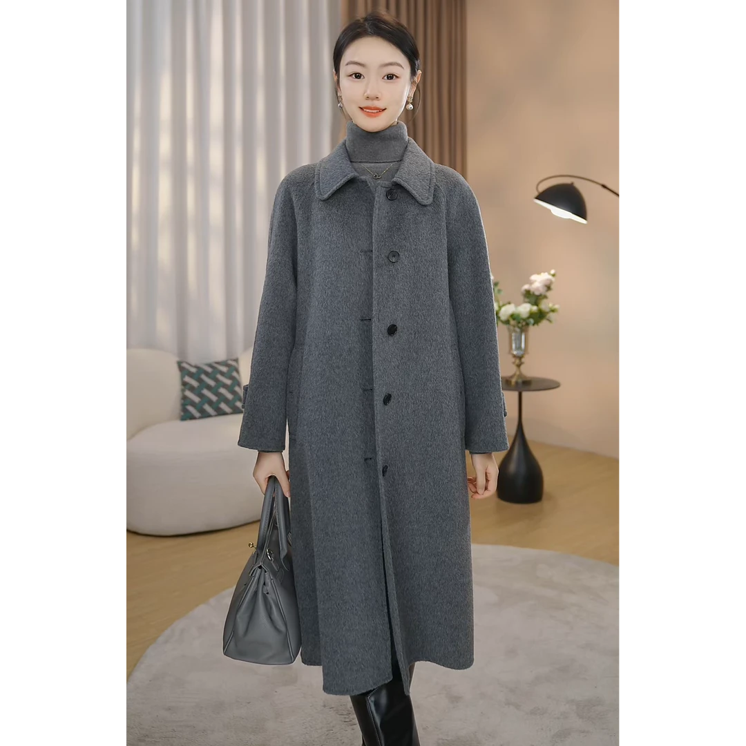 【曼贝】双面羊毛轻奢保暖时尚定制中长款百搭羊毛大衣8384008W【茜】