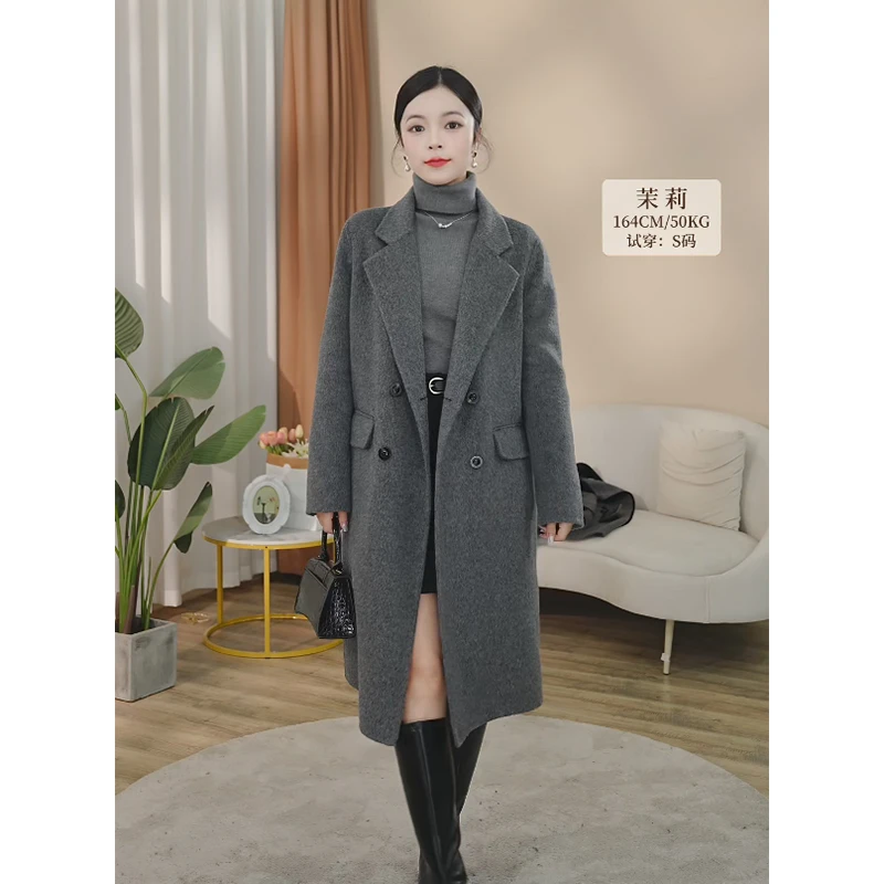 曼贝高档双排扣双面绵羊毛大衣女中长款极简轻奢毛呢外套8284017