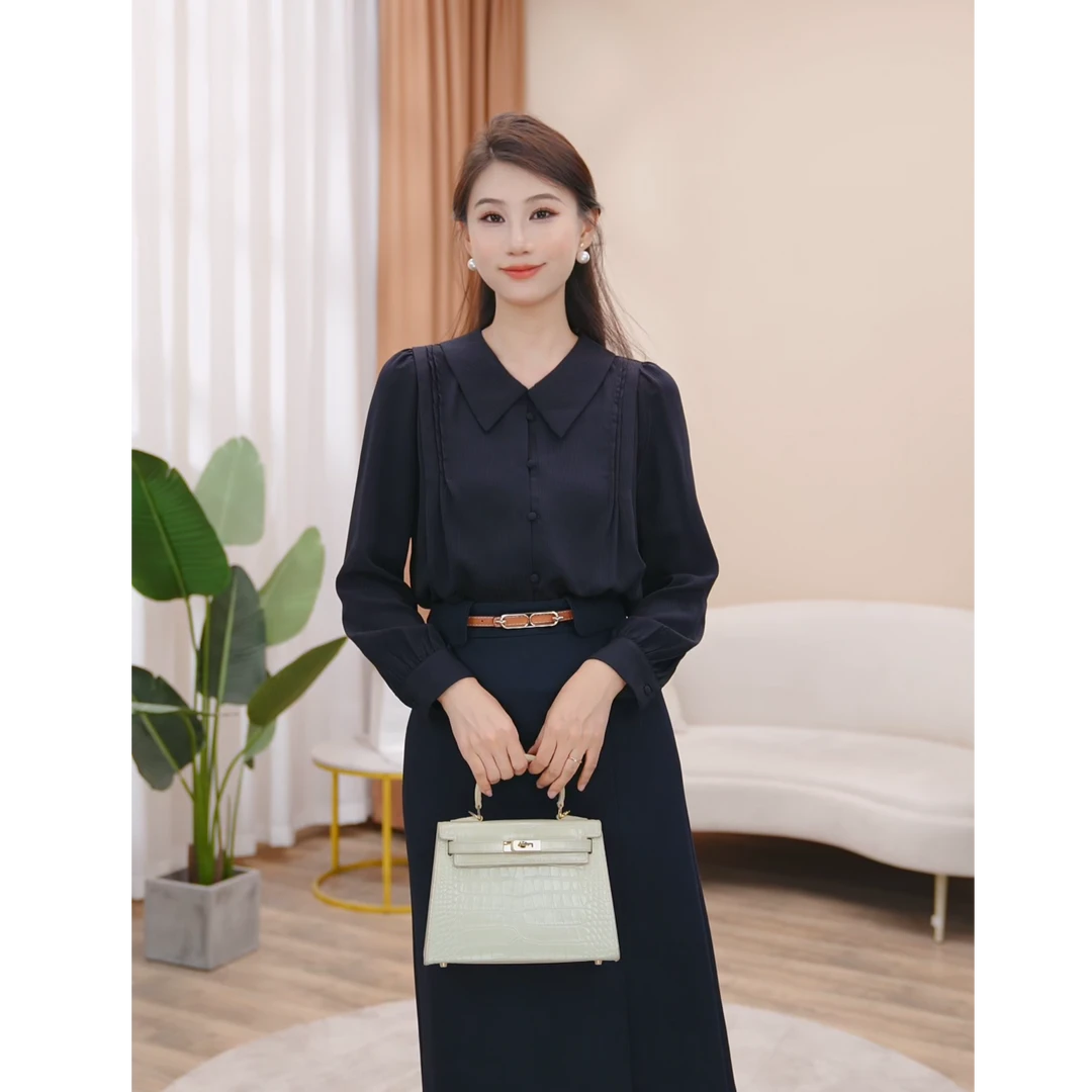 曼贝翻领长袖衬衫女气质简约衬衫宽松设计感秋季知性优雅显白上衣