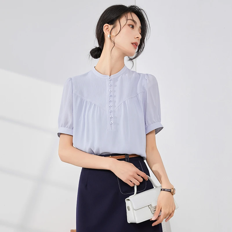 【曼贝】短袖衬衫女气质夏季独特别致超好看小衫上衣8392188【甜甜】