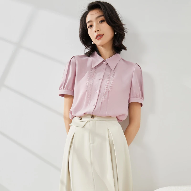 曼贝8392151 雪纺上衣女夏季新款粉色洋气短袖女法式衬衣【妮妮】