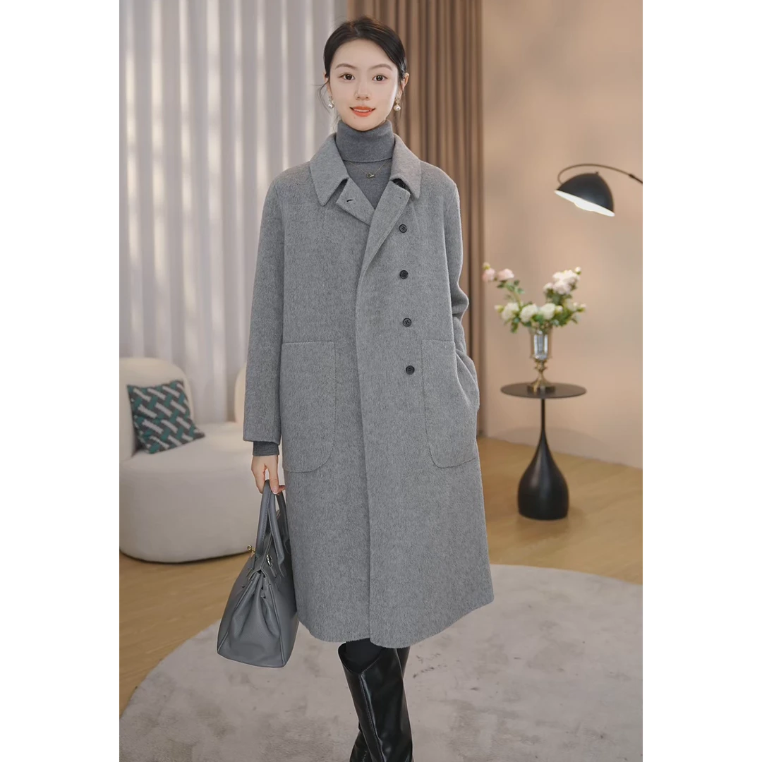 【曼贝】纯澳毛100%双面毛呢大衣女冬高端时尚轻奢定制8384003【茜】