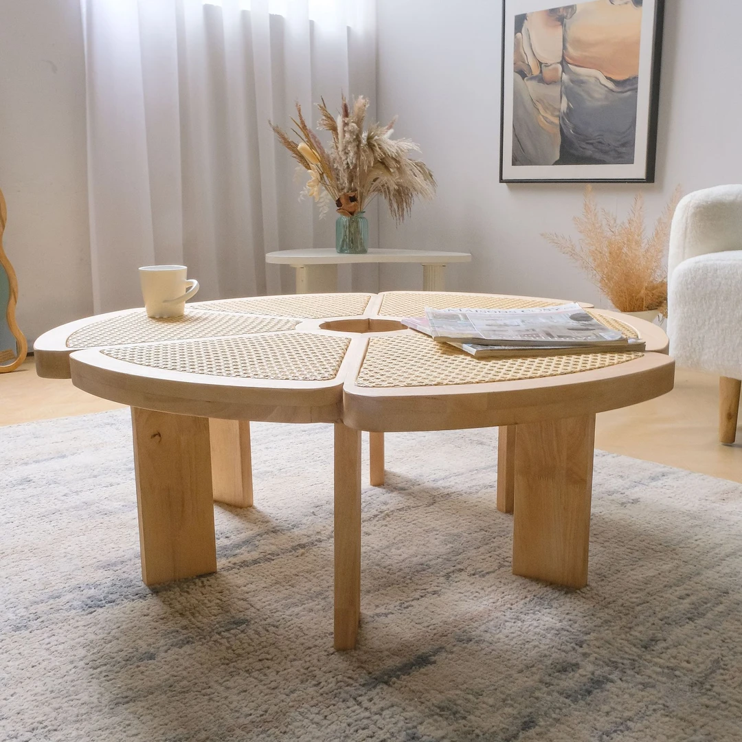 欧式原木藤编花瓣形茶几客厅小户型简约实用家具