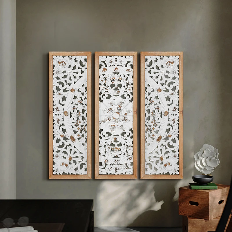 新款美式波西米亚艺术设计实木质感装修墙上挂墙免打孔装饰雕花镜