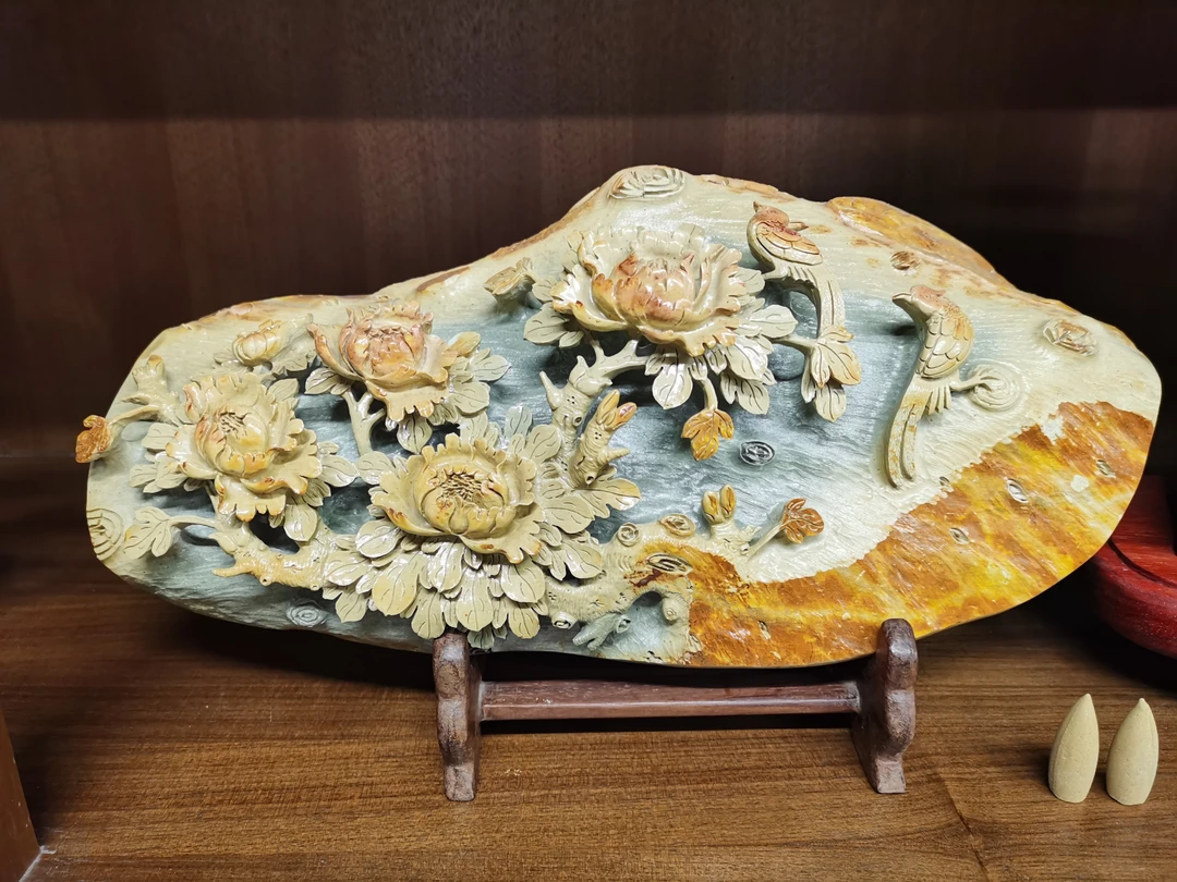 端砚-绿端《鸟语花香》牡丹花 35*17*8.5 手工雕刻艺术摆件收藏精品