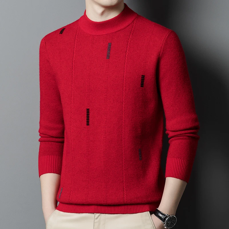 半高领100%纯羊毛衫男士毛衣秋冬提花中年宽松针织羊绒打底衫厚