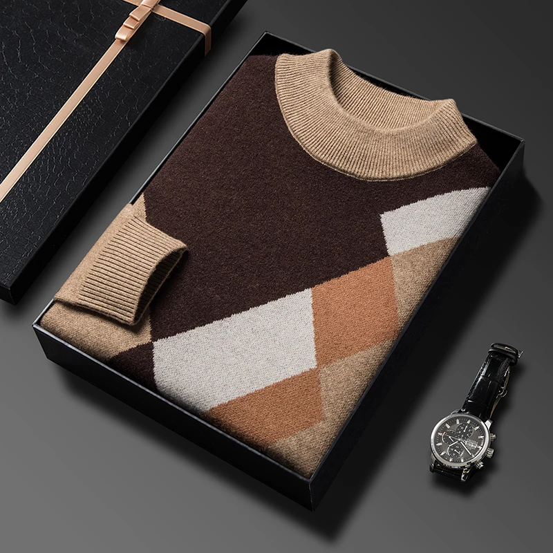 100%纯羊毛衫鄂尔多斯市加厚半高领冬季男士保暖打底衫毛衣男款